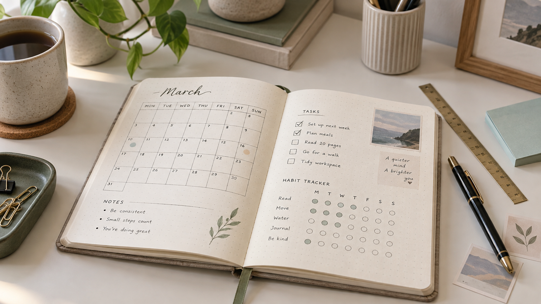 Beginner bullet journal setup with monthly planning, tasks and habit tracker