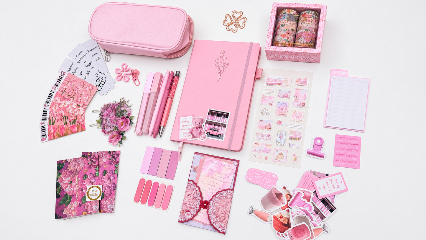 Coffret cadeau papeterie et journaling rose, esthétique et premium