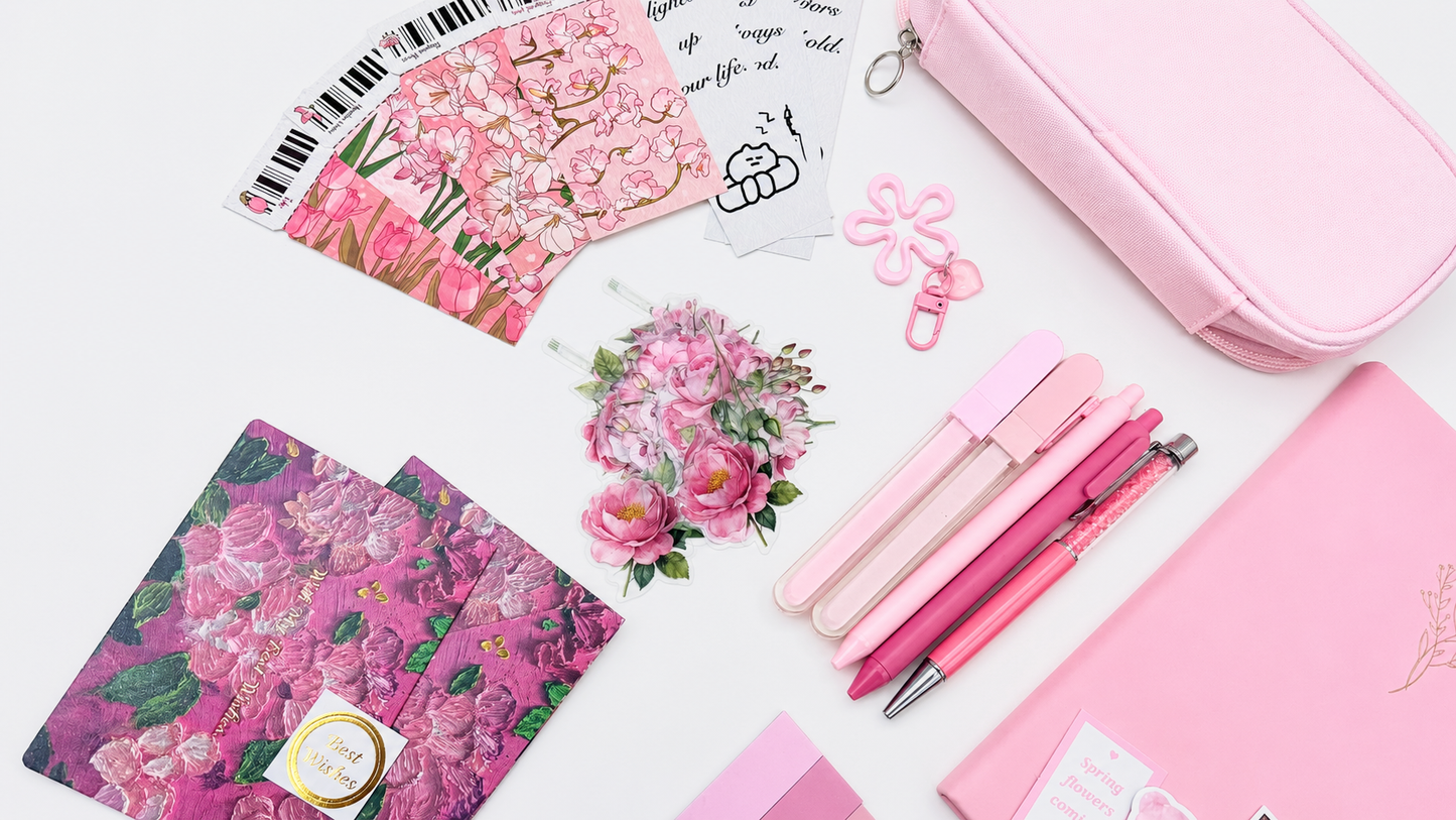 Coffret cadeau papeterie et journaling rose, esthétique et premium