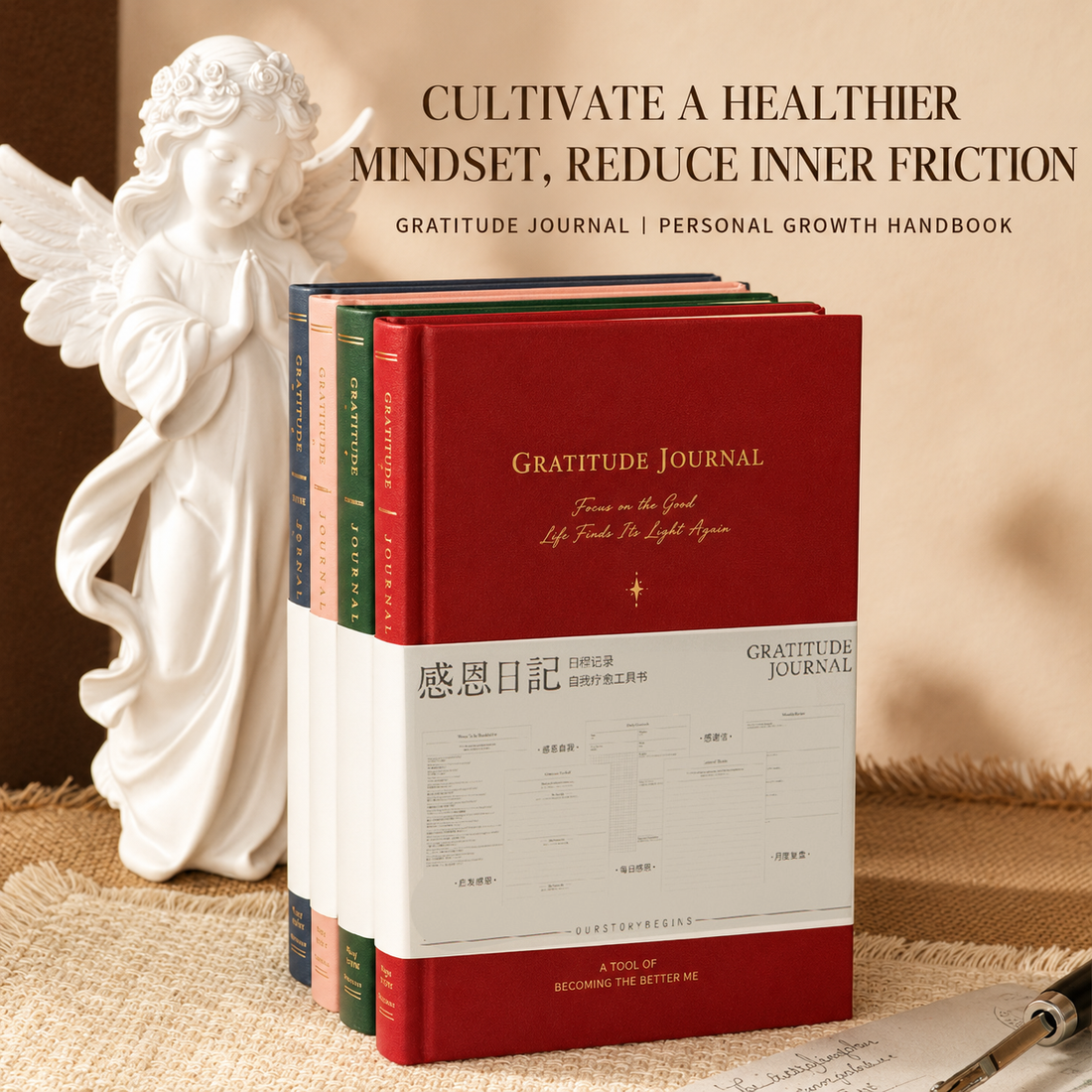 "Gratitude Journal" Inner Growth Handbook by chupin - lifestyle stationery view for journaling notebook | Lumiyear