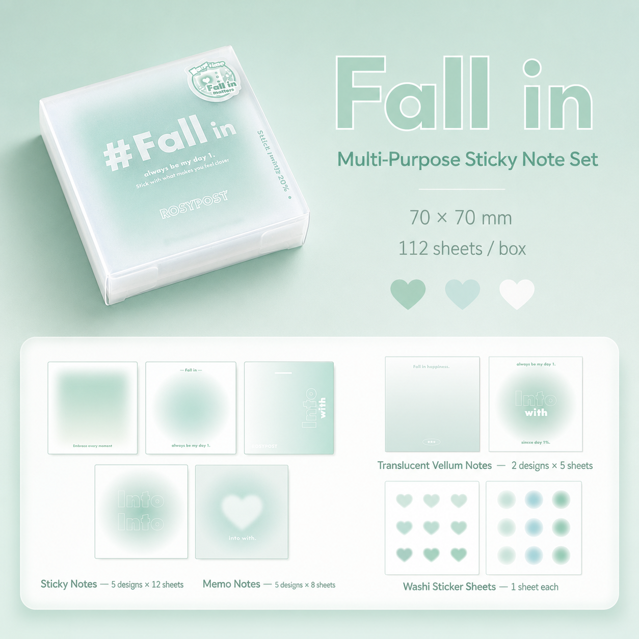 ROSYPOSY Aesthetic Pastel Sticky Note Set with PP Storage by ROSYPOSY - packaging view for aesthetic stationery | Lumiyear