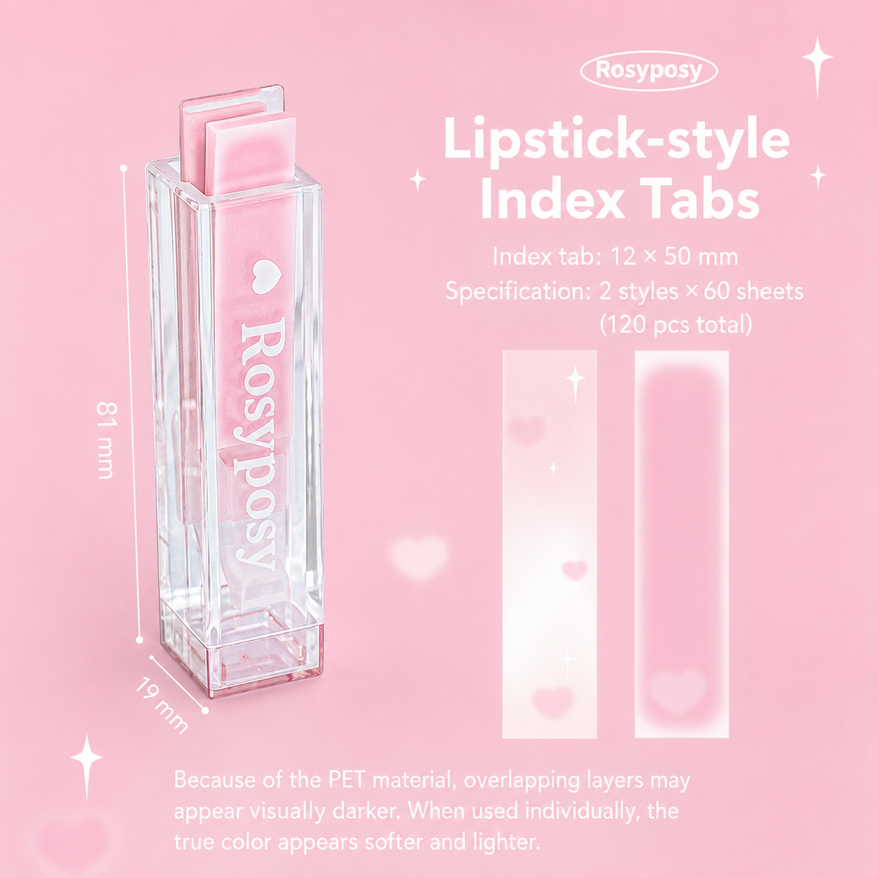ROSYPOSY Lip Gloss Style Translucent PET Index Tabs Set by ROSYPOSY - detail view for aesthetic stationery | Lumiyear