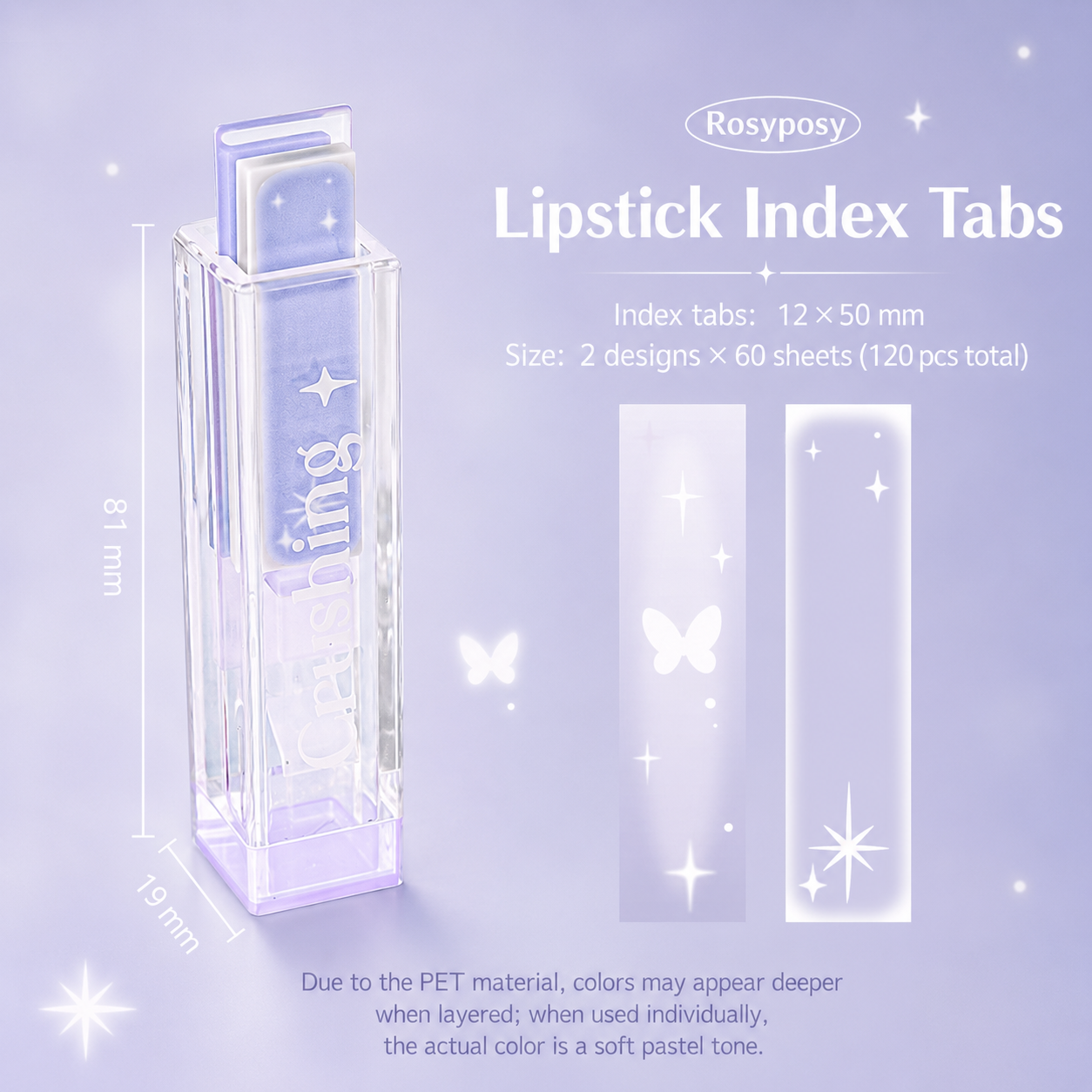 ROSYPOSY Lip Gloss Style Translucent PET Index Tabs Set by ROSYPOSY - inside detail for aesthetic stationery | Lumiyear
