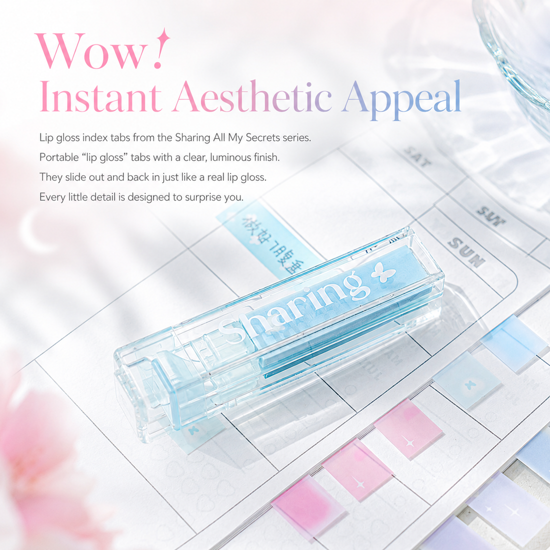 ROSYPOSY Lip Gloss Style Translucent PET Index Tabs Set by ROSYPOSY - color option view for aesthetic stationery | Lumiyear