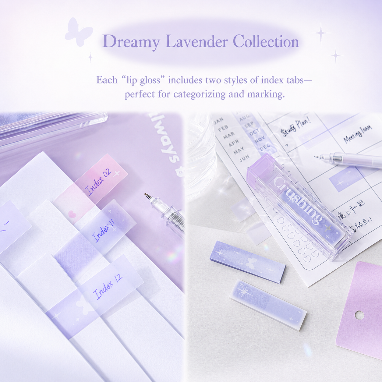 ROSYPOSY Lip Gloss Style Translucent PET Index Tabs Set by ROSYPOSY - color option view for aesthetic stationery | Lumiyear