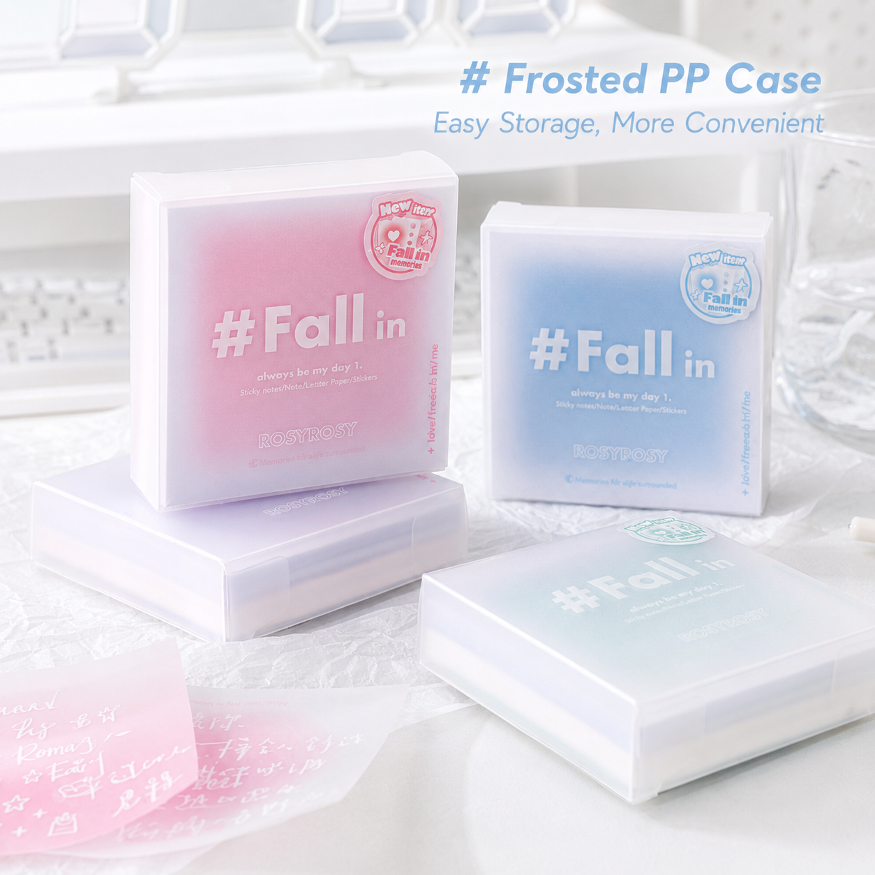 ROSYPOSY Aesthetic Pastel Sticky Note Set with PP Storage Box by ROSYPOSY - detail view for aesthetic stationery | Lumiyear