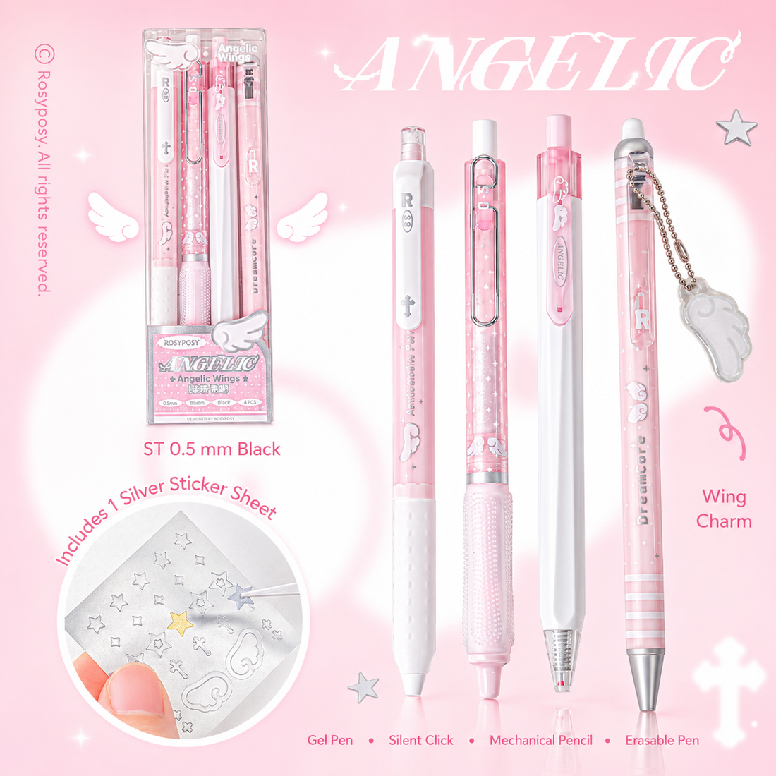 ROSYPOSY Angelic Wings Pearlescent Gel Pen Set by ROSYPOSY - main product view for journaling writing tool | Lumiyear