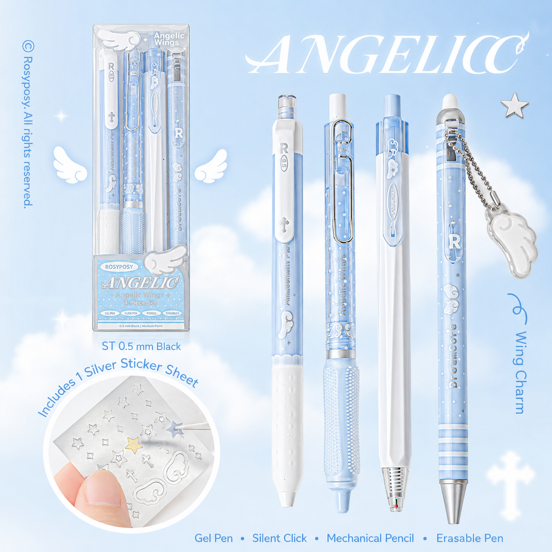 ROSYPOSY Angelic Wings Pearlescent Gel Pen Set by ROSYPOSY - detail view for journaling writing tool | Lumiyear