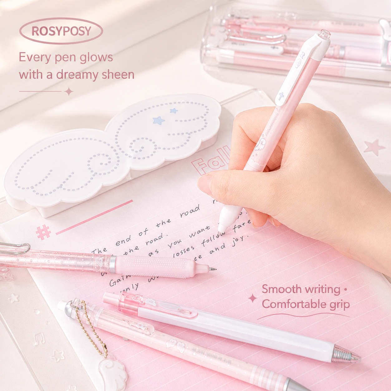 ROSYPOSY Angelic Wings Pearlescent Gel Pen Set by ROSYPOSY - lifestyle stationery view for journaling writing tool | Lumiyear