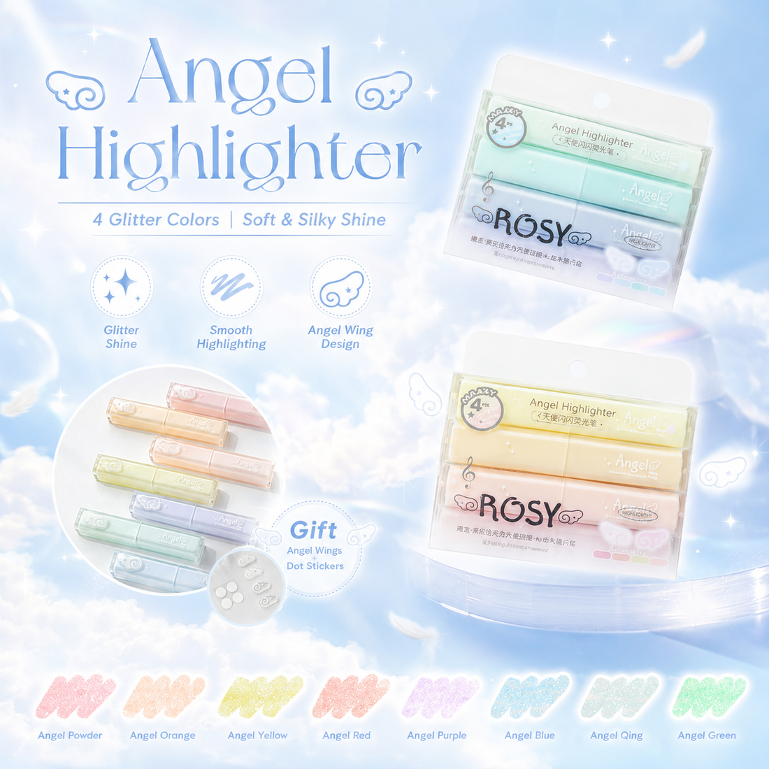 ROSYPOSY Angelic Shimmer Pastel Highlighter Set by ROSYPOSY - packaging view for journaling writing tool | Lumiyear