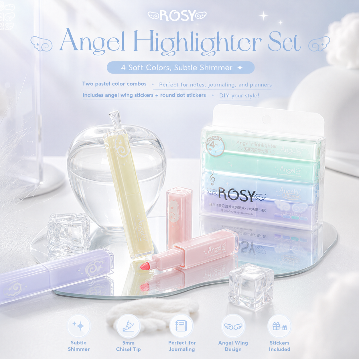 ROSYPOSY Angelic Shimmer Pastel Highlighter by ROSYPOSY - lifestyle stationery view for journaling writing tool | Lumiyear