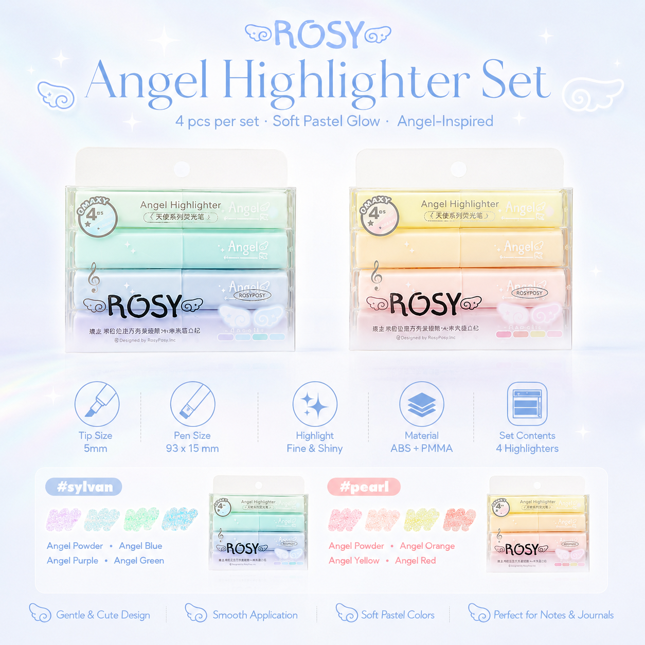 ROSYPOSY Angelic Shimmer Pastel Highlighter Set by ROSYPOSY - color option view for journaling writing tool | Lumiyear