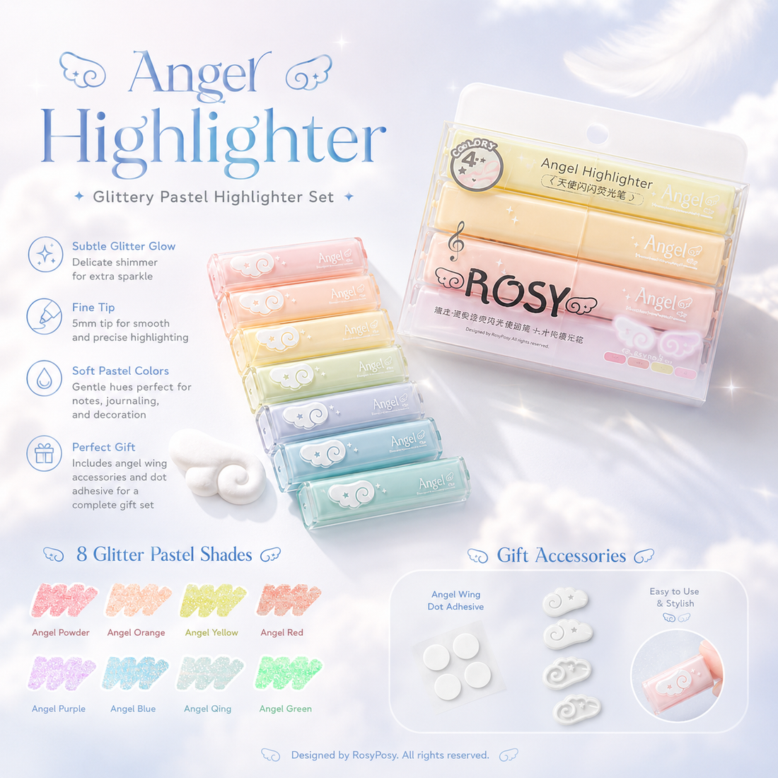 ROSYPOSY Angelic Shimmer Pastel Highlighter Set by ROSYPOSY - color option view for journaling writing tool | Lumiyear