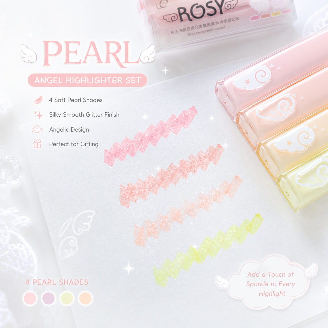ROSYPOSY Angelic Shimmer Pastel Highlighter Set by ROSYPOSY - color option view for journaling writing tool | Lumiyear