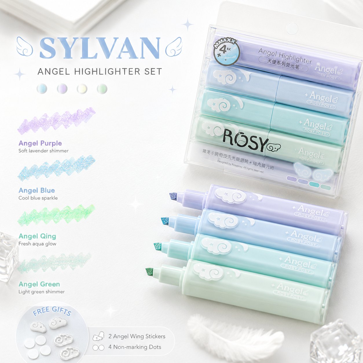 ROSYPOSY Angelic Shimmer Pastel Highlighter Set by ROSYPOSY - color option view for journaling writing tool | Lumiyear