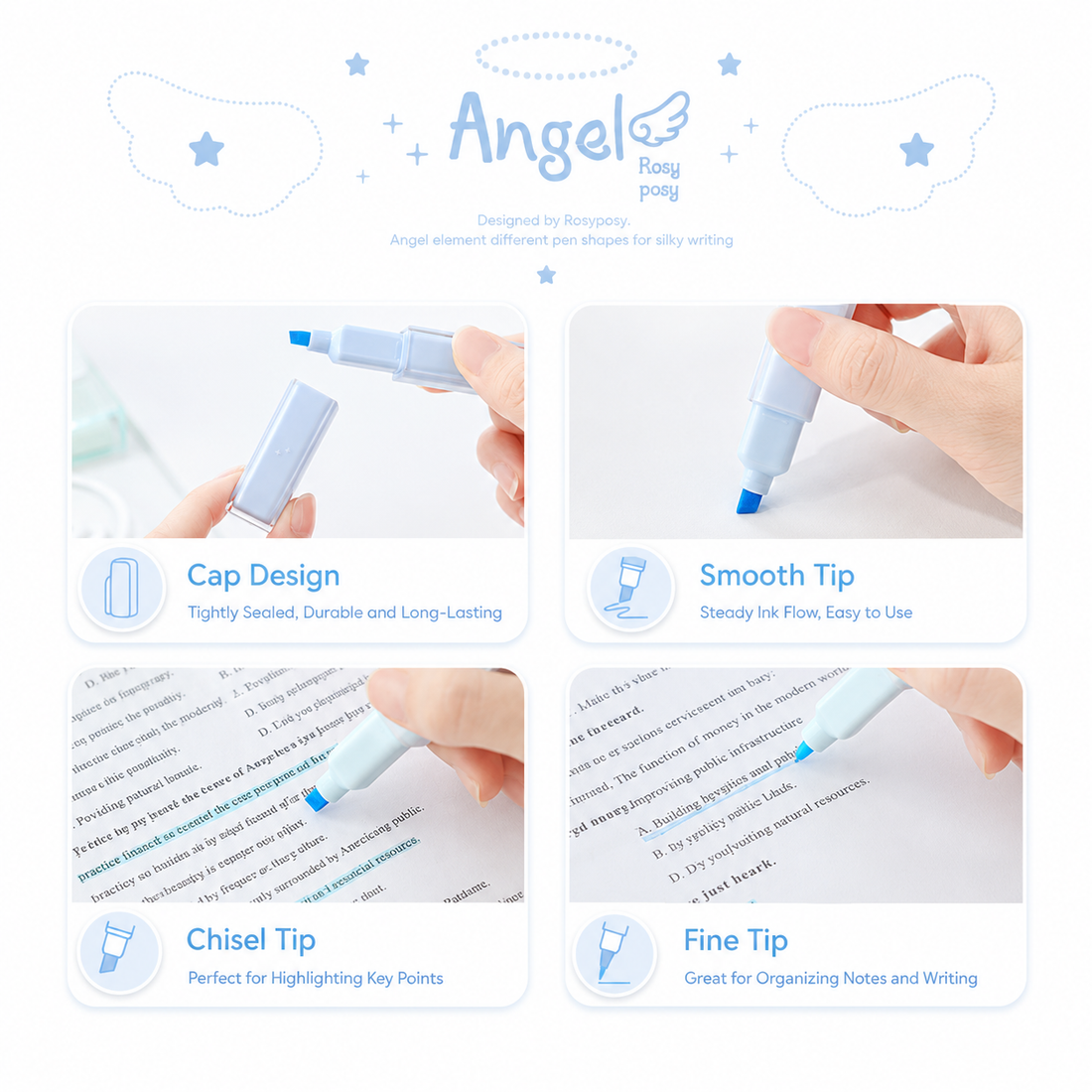 ROSYPOSY Angelic Shimmer Pastel Highlighter Set by ROSYPOSY - color option view for journaling writing tool | Lumiyear