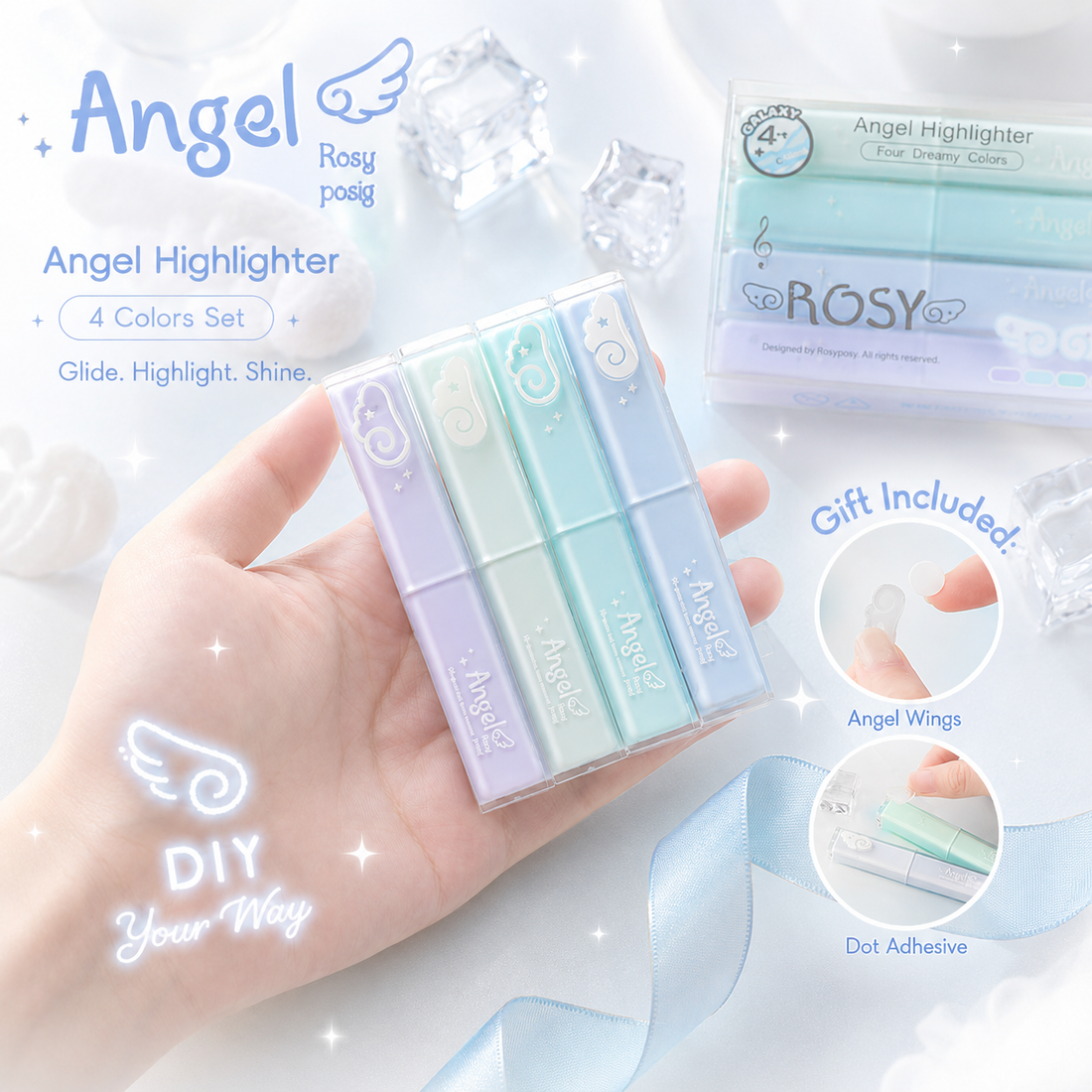 ROSYPOSY Angelic Shimmer Pastel Highlighter Set by ROSYPOSY - color option view for journaling writing tool | Lumiyear