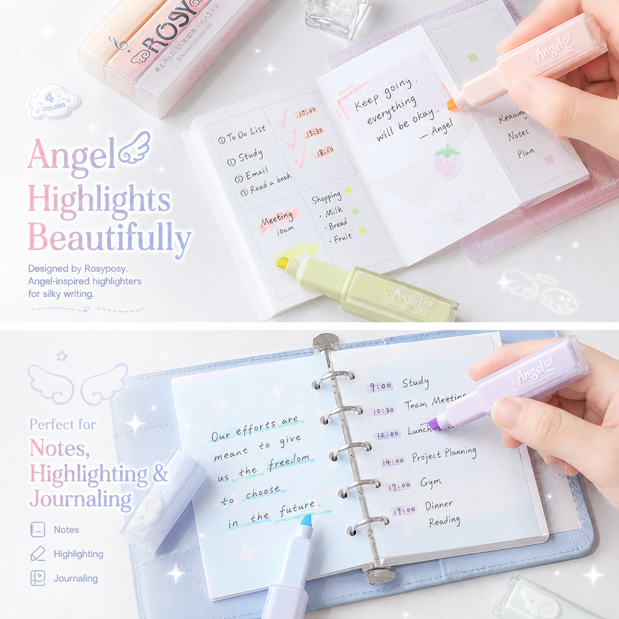 ROSYPOSY Angelic Shimmer Pastel Highlighter Set by ROSYPOSY - color option view for journaling writing tool | Lumiyear