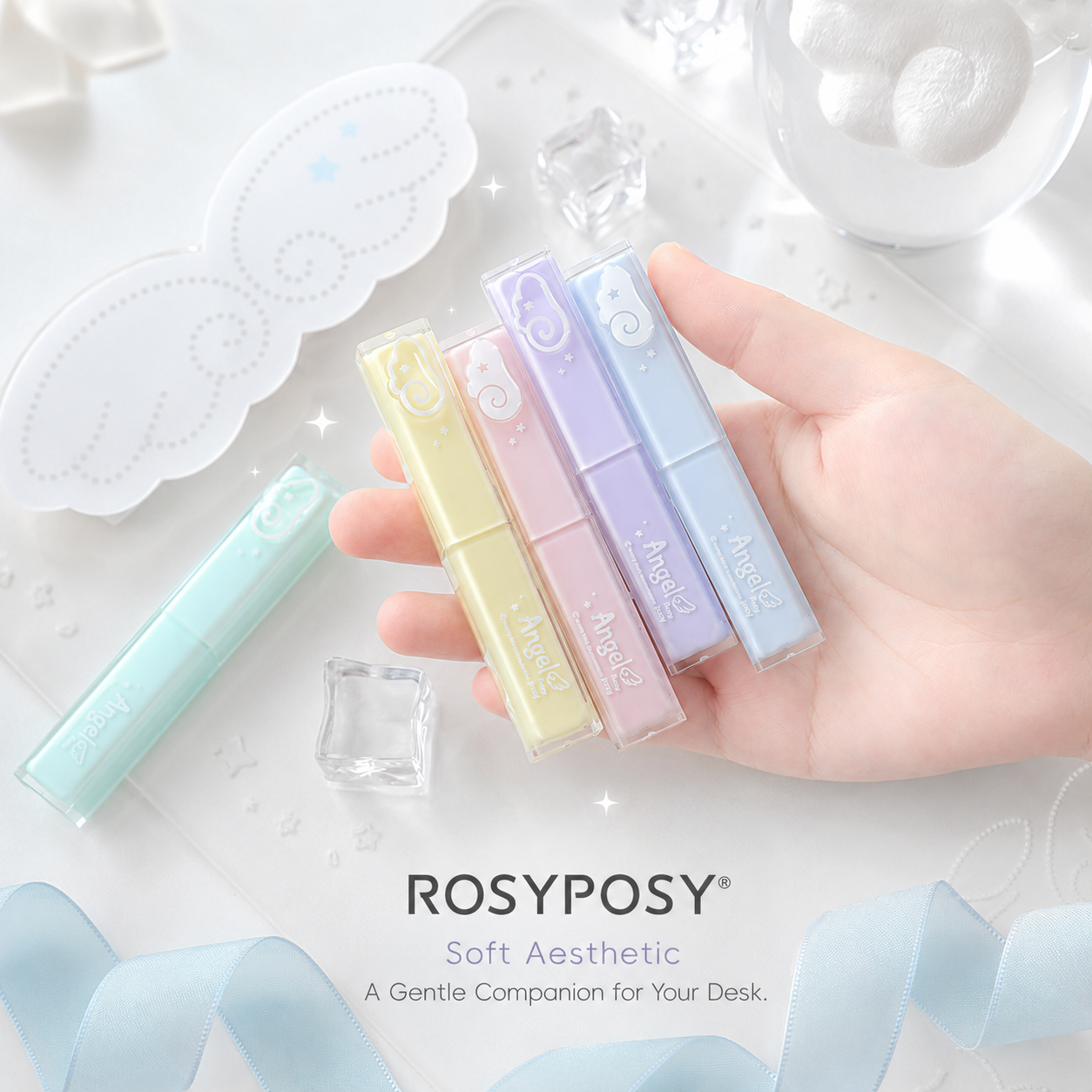 ROSYPOSY Angelic Shimmer Pastel Highlighter Set | Glitter 4-Piece Marker Kit