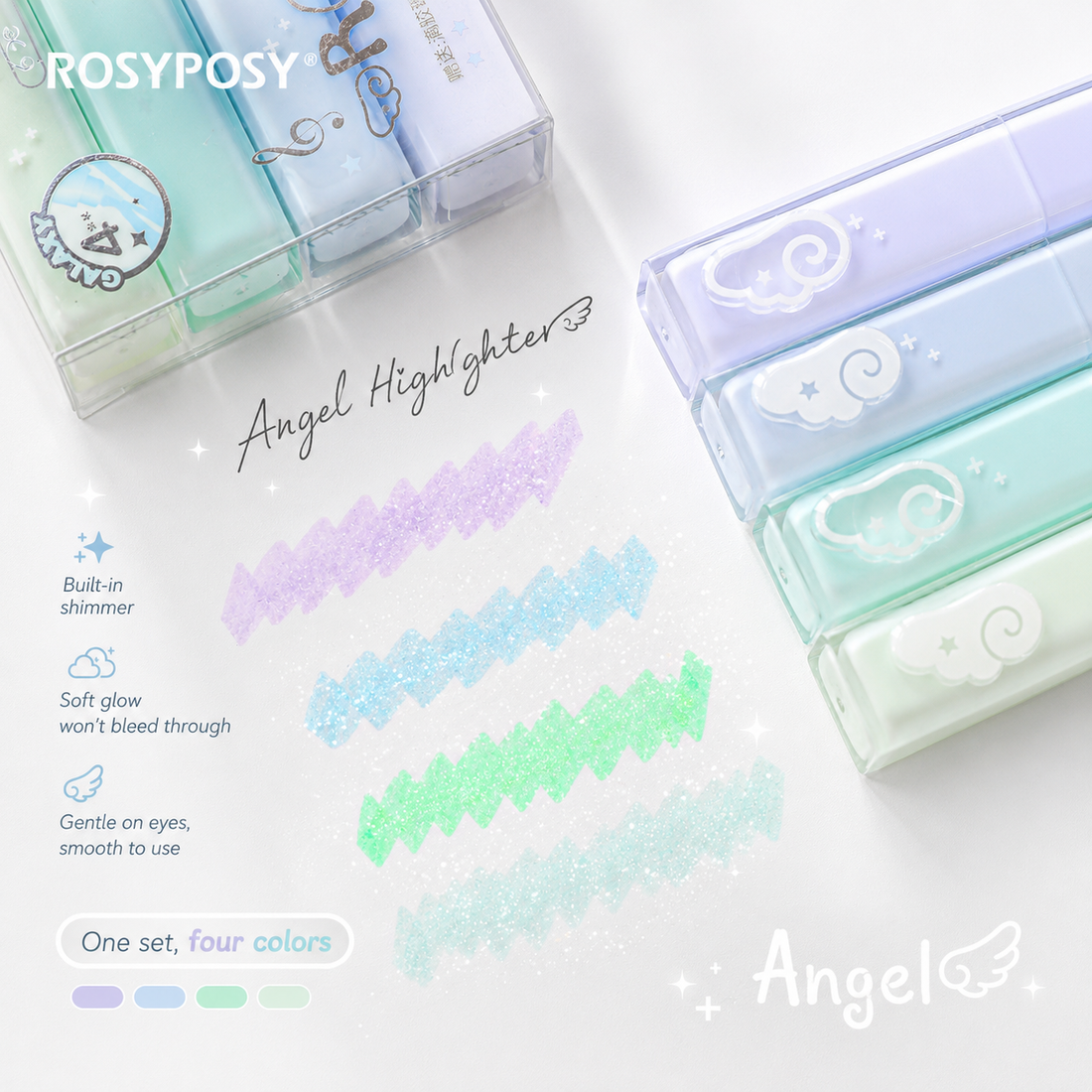 ROSYPOSY Angelic Shimmer Pastel Highlighter Set by ROSYPOSY - color option view for journaling writing tool | Lumiyear