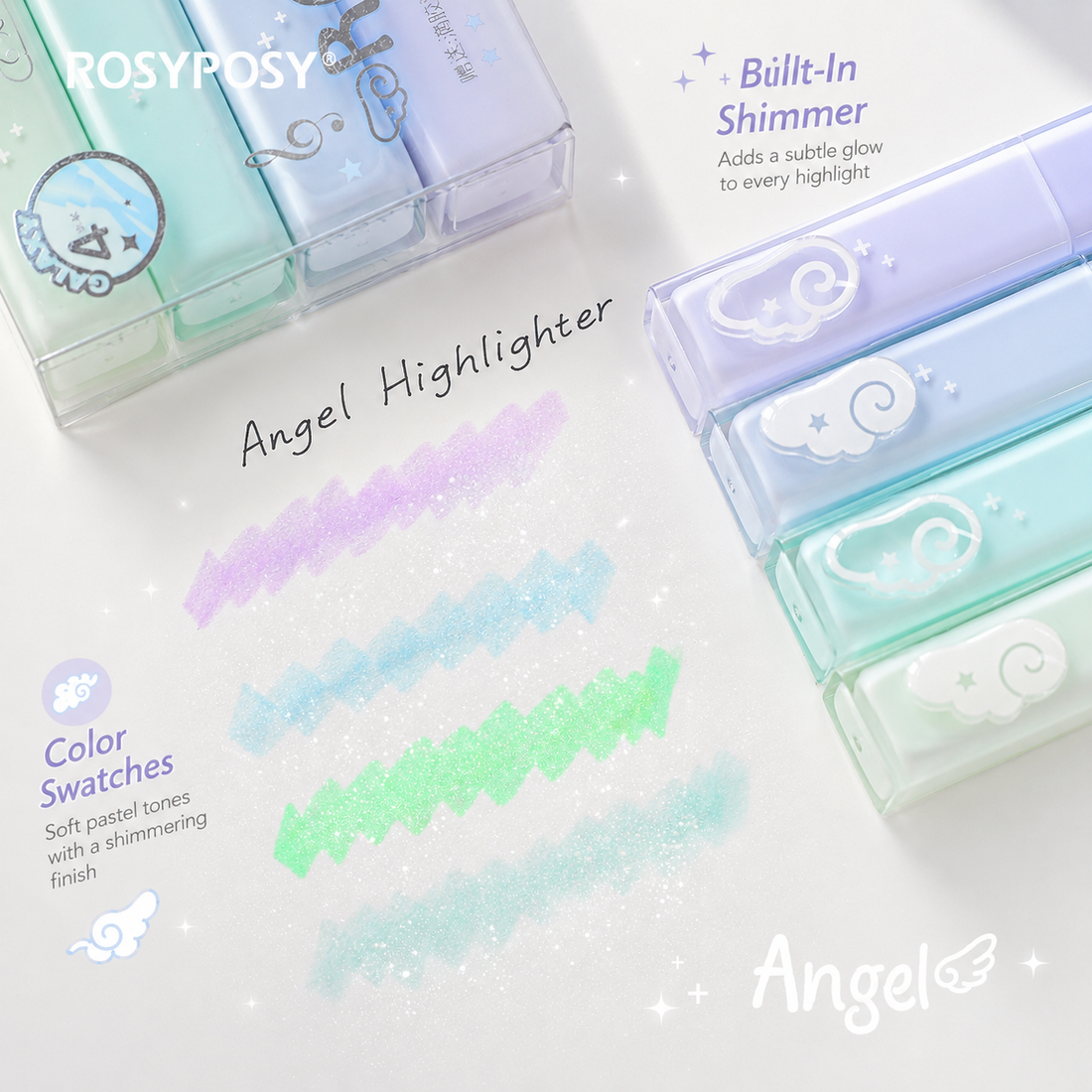 ROSYPOSY Angelic Shimmer Pastel Highlighter Set by ROSYPOSY - color option view for journaling writing tool | Lumiyear