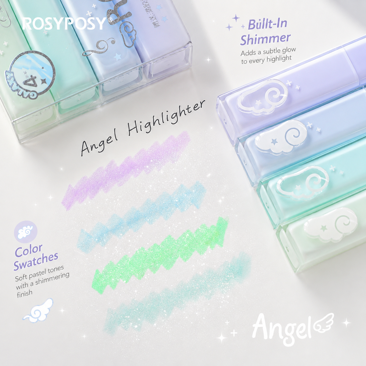 ROSYPOSY Angelic Shimmer Pastel Highlighter Set by ROSYPOSY - color option view for journaling writing tool | Lumiyear