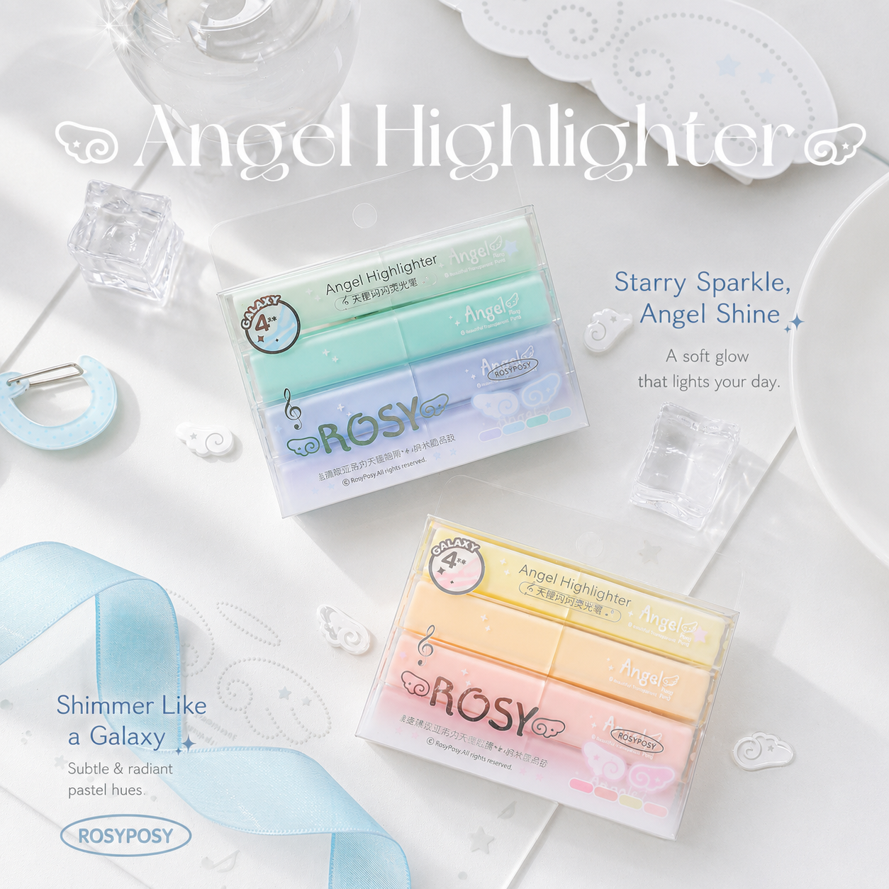 ROSYPOSY Angelic Shimmer Pastel Highlighter Set by ROSYPOSY - color option view for journaling writing tool | Lumiyear