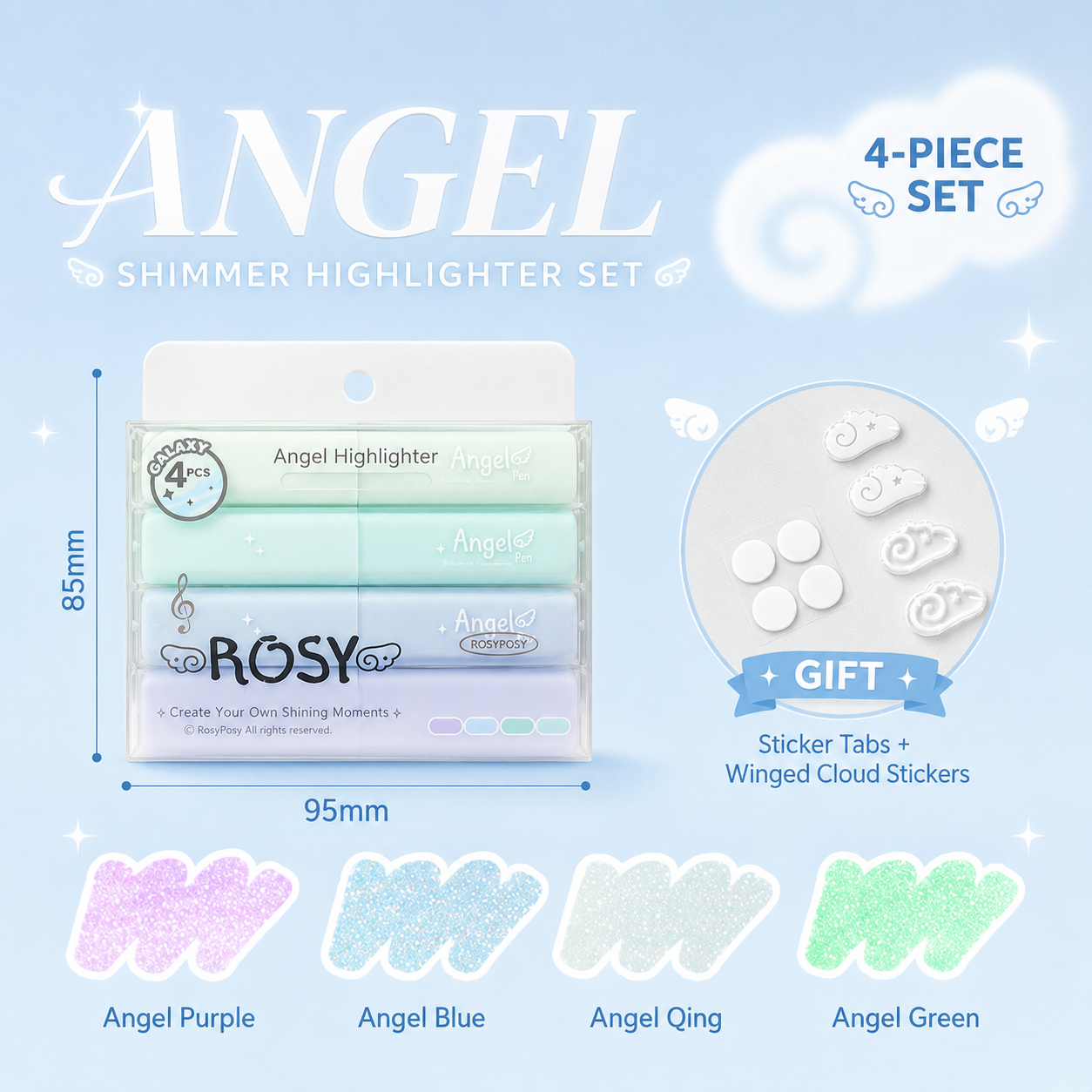 ROSYPOSY Angelic Shimmer Pastel Highlighter Set by ROSYPOSY - detail view for journaling writing tool | Lumiyear