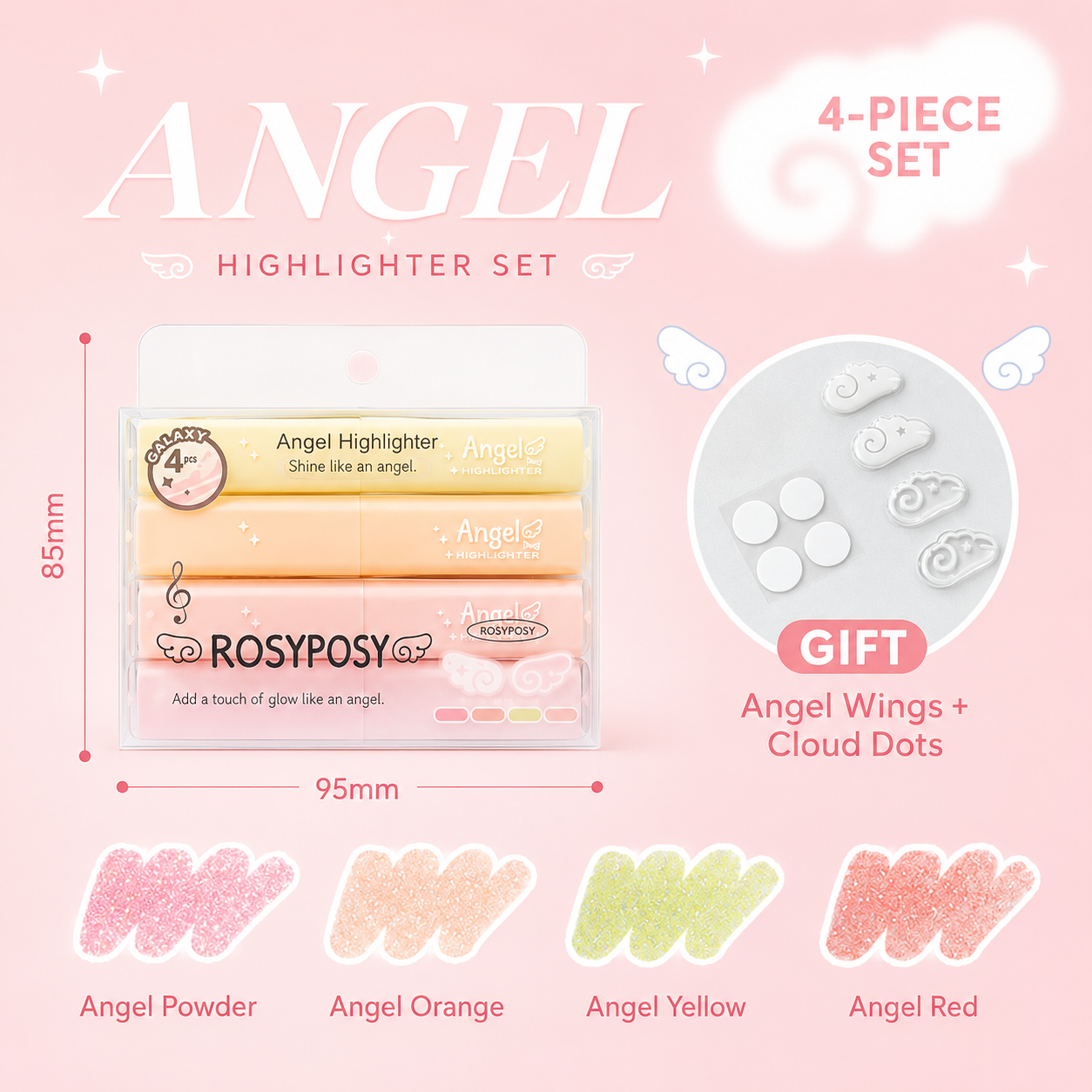 ROSYPOSY Angelic Shimmer Pastel Highlighter Set | Glitter 4-Piece Marker Kit