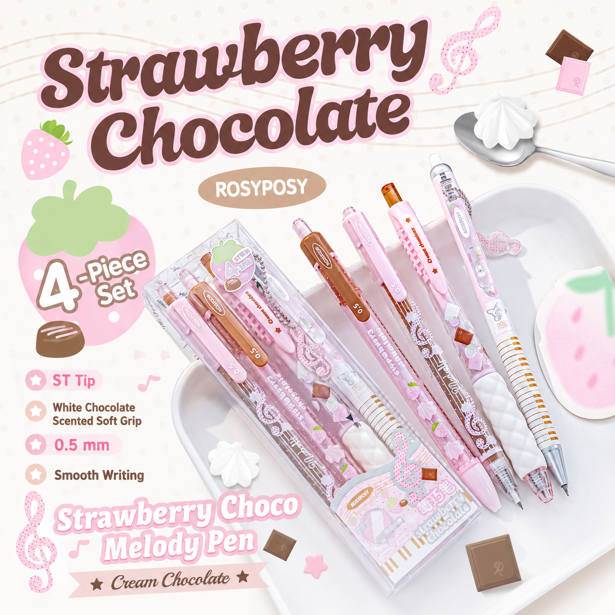 ROSYPOSY Strawberry Chocolate Melody Gel Pen by ROSYPOSY - lifestyle stationery view for journaling writing tool | Lumiyear