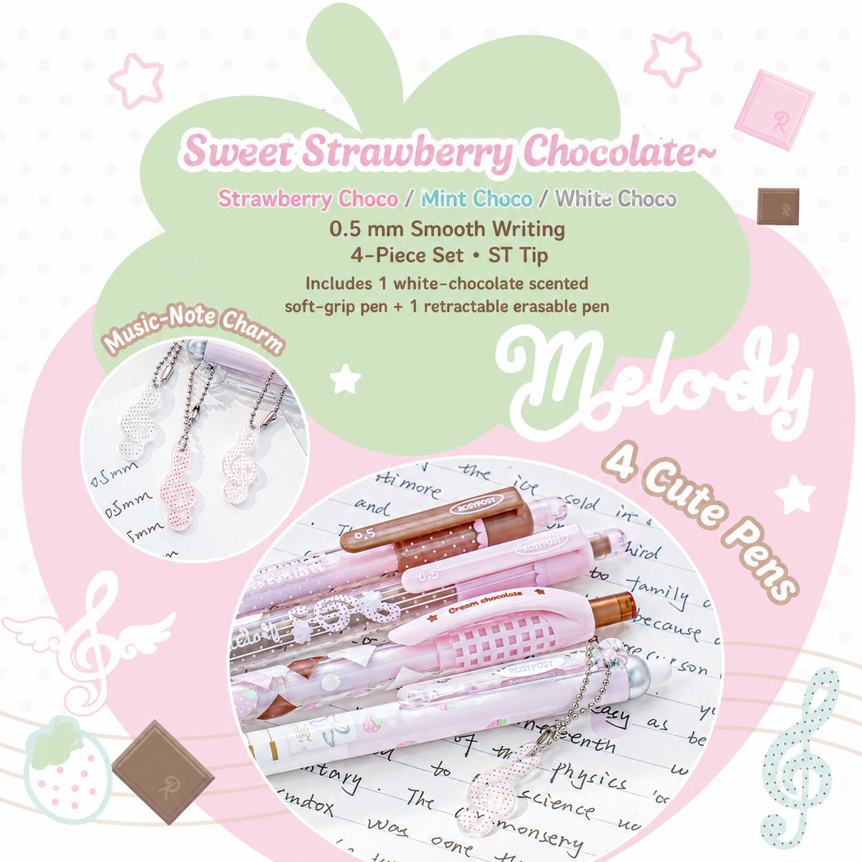 ROSYPOSY Strawberry Chocolate Melody Gel Pen Set | Scented Erasable Creative Writing Kit