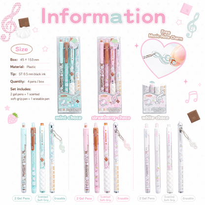 ROSYPOSY Strawberry Chocolate Melody Gel Pen Set | Scented Erasable Creative Writing Kit