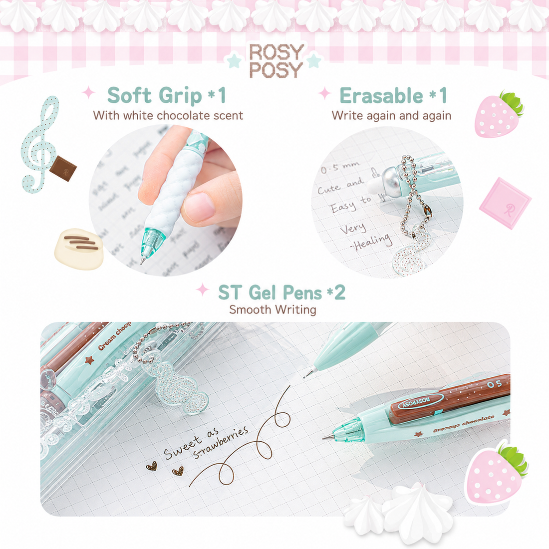 ROSYPOSY Strawberry Chocolate Melody Gel Pen Set by ROSYPOSY - color option view for journaling writing tool | Lumiyear