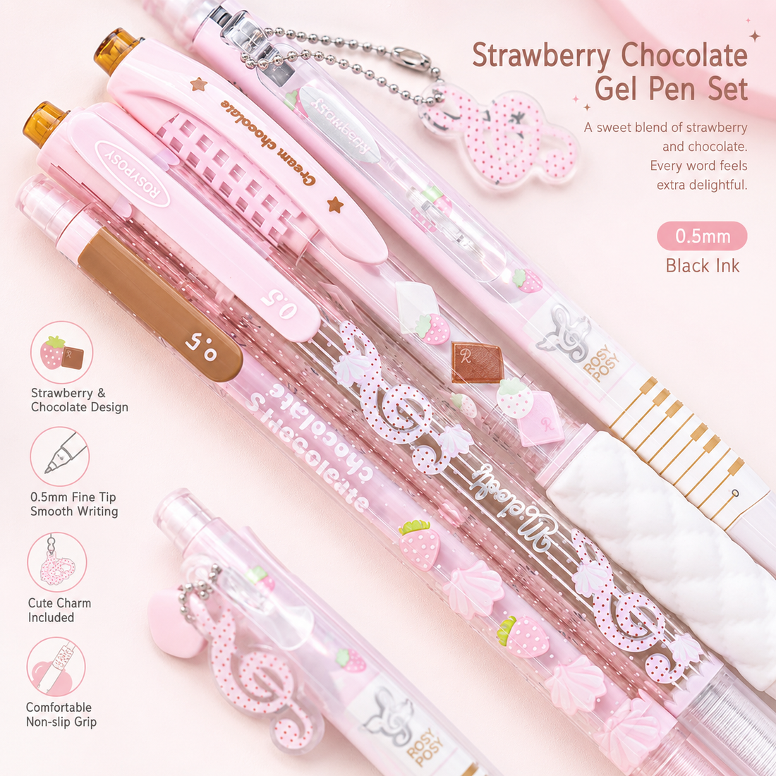 ROSYPOSY Strawberry Chocolate Melody Gel Pen Set by ROSYPOSY - color option view for journaling writing tool | Lumiyear
