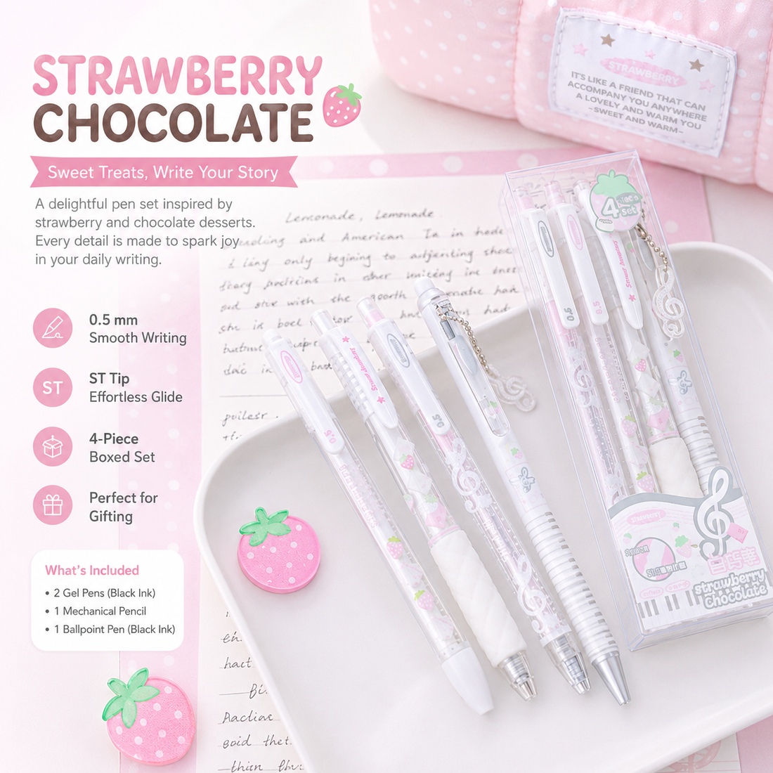 ROSYPOSY Strawberry Chocolate Melody Gel Pen Set by ROSYPOSY - color option view for journaling writing tool | Lumiyear