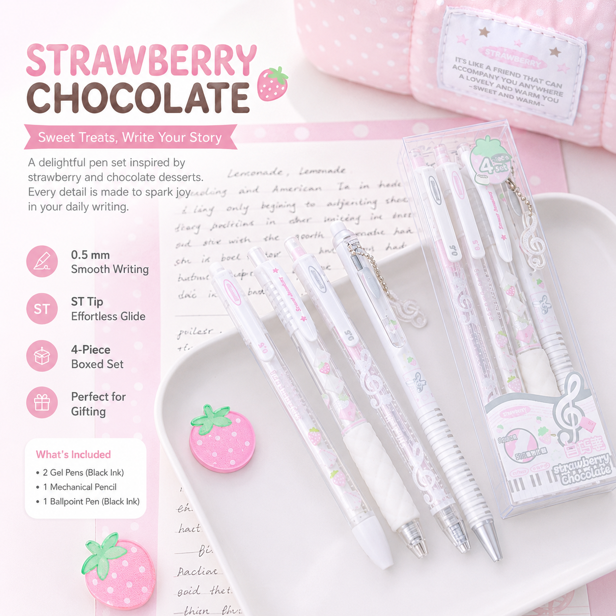 ROSYPOSY Strawberry Chocolate Melody Gel Pen Set by ROSYPOSY - color option view for journaling writing tool | Lumiyear