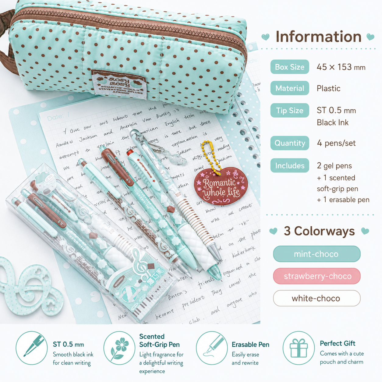 ROSYPOSY Strawberry Chocolate Melody Gel Pen Set by ROSYPOSY - color option view for journaling writing tool | Lumiyear