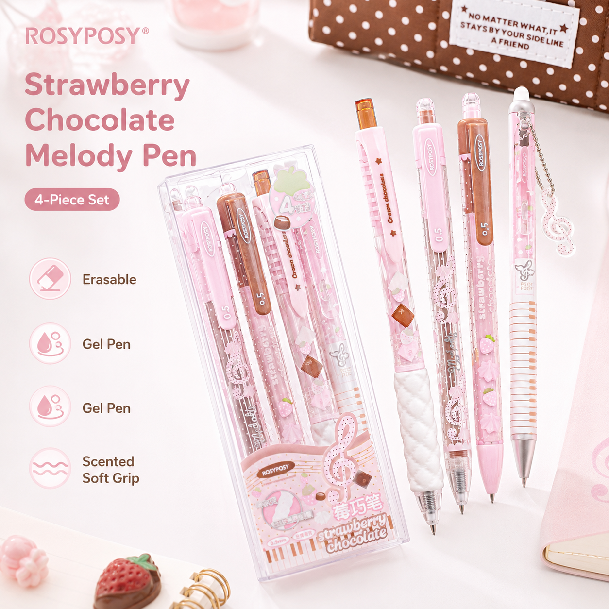ROSYPOSY Strawberry Chocolate Melody Gel Pen Set by ROSYPOSY - color option view for journaling writing tool | Lumiyear