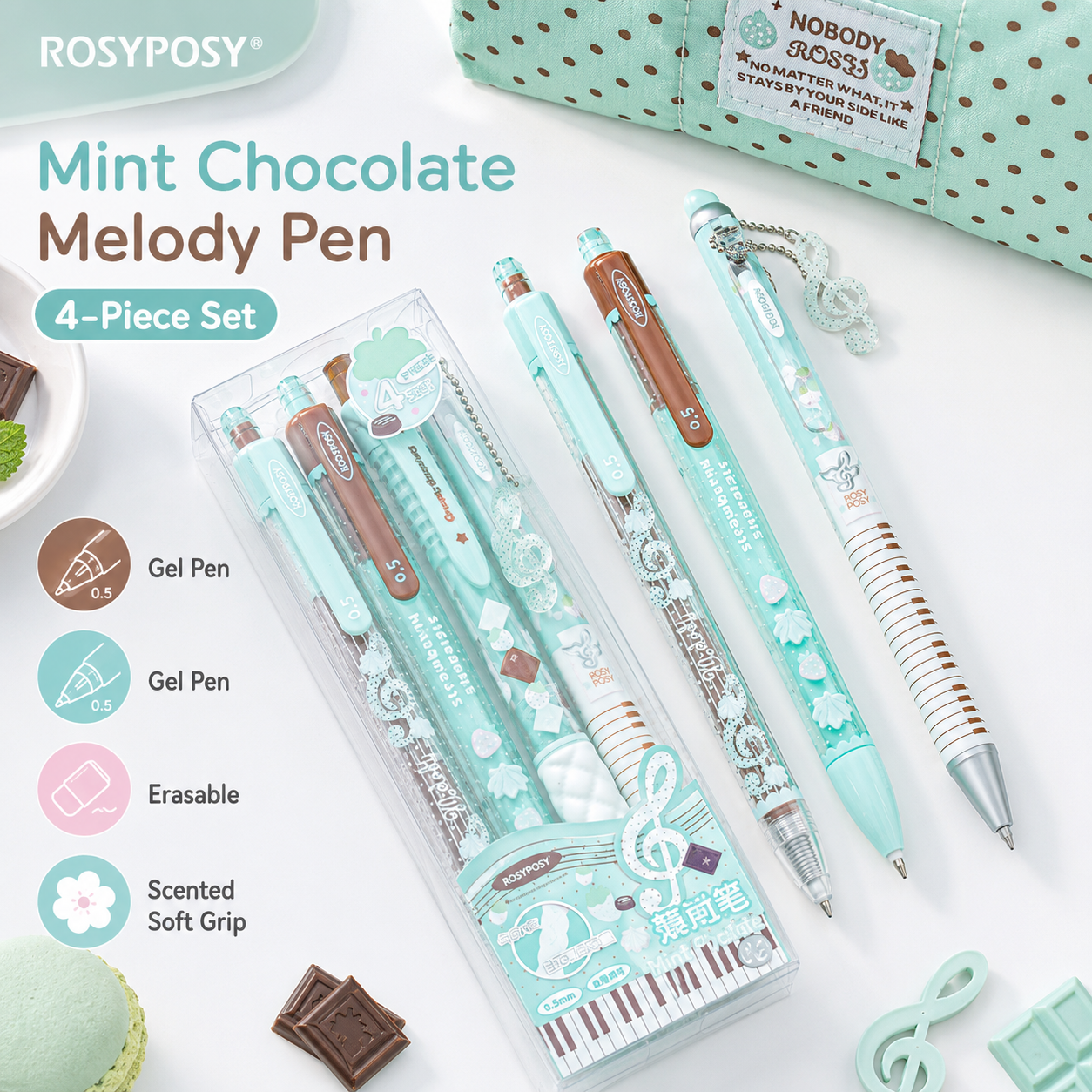 ROSYPOSY Strawberry Chocolate Melody Gel Pen Set by ROSYPOSY - main product view for journaling writing tool | Lumiyear