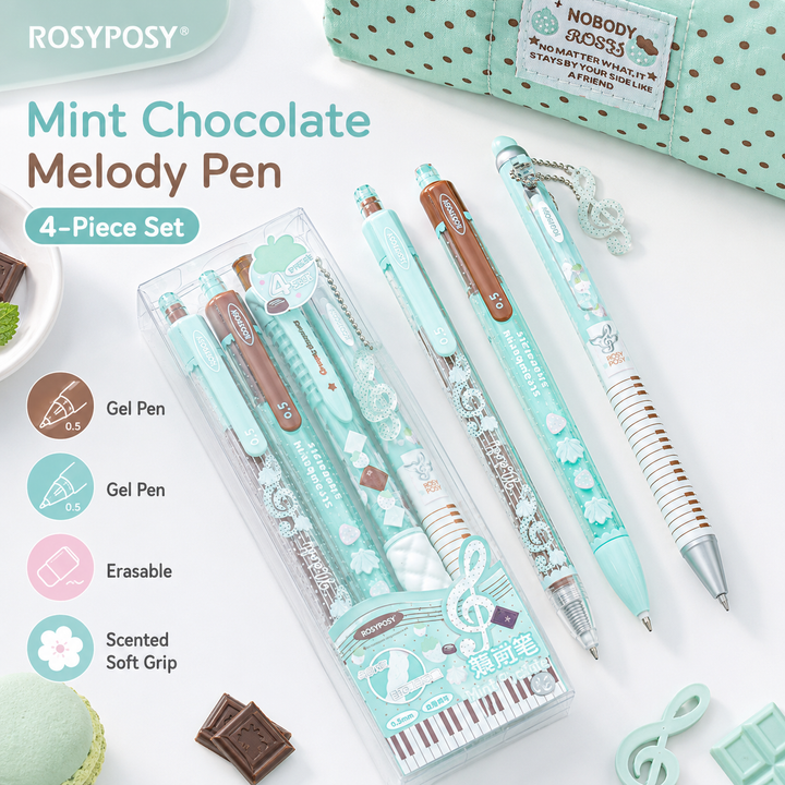 ROSYPOSY Strawberry Chocolate Melody Gel Pen Set | Scented Erasable Creative Writing Kit