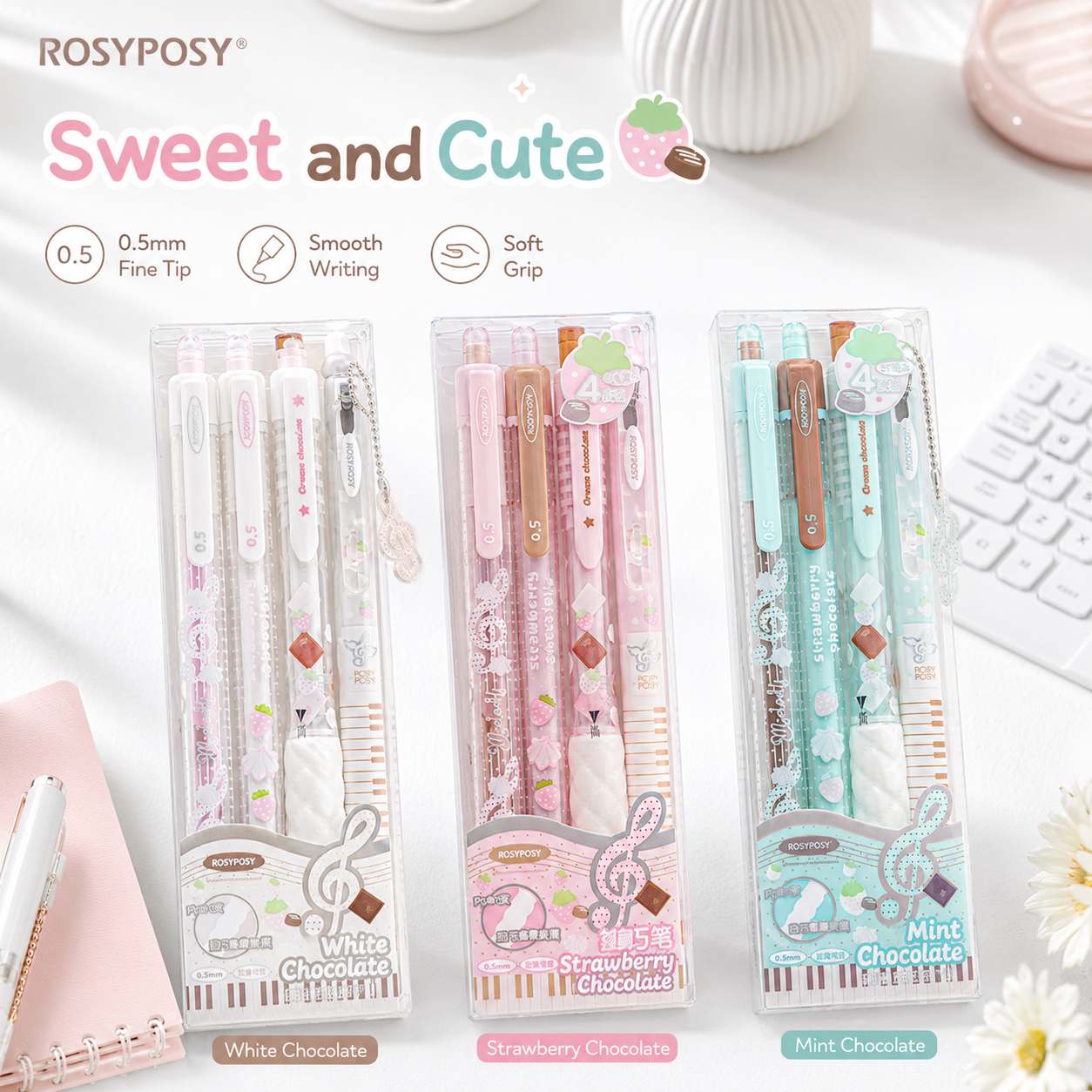 ROSYPOSY Strawberry Chocolate Melody Gel Pen Set by ROSYPOSY - color option view for journaling writing tool | Lumiyear