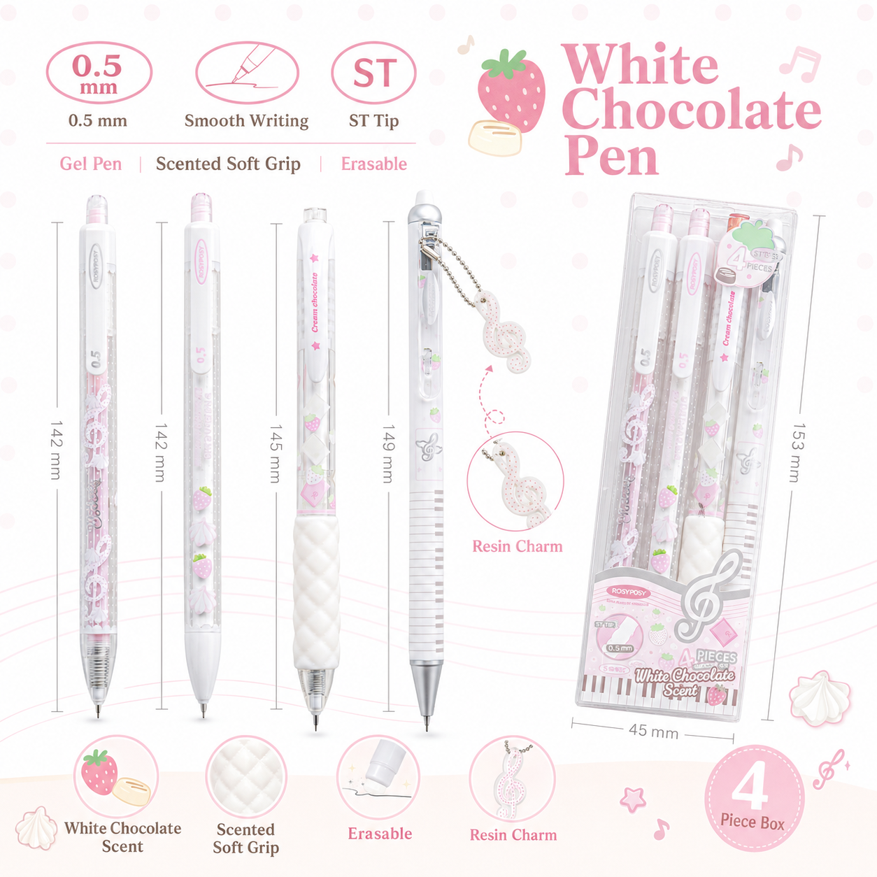 ROSYPOSY Strawberry Chocolate Melody Gel Pen Set by ROSYPOSY - packaging view for journaling writing tool | Lumiyear