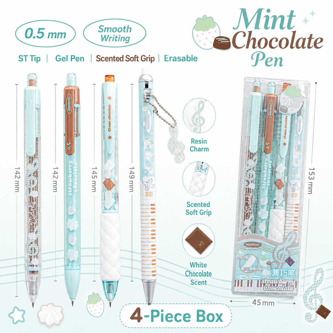 ROSYPOSY Strawberry Chocolate Melody Gel Pen Set by ROSYPOSY - detail view for journaling writing tool | Lumiyear
