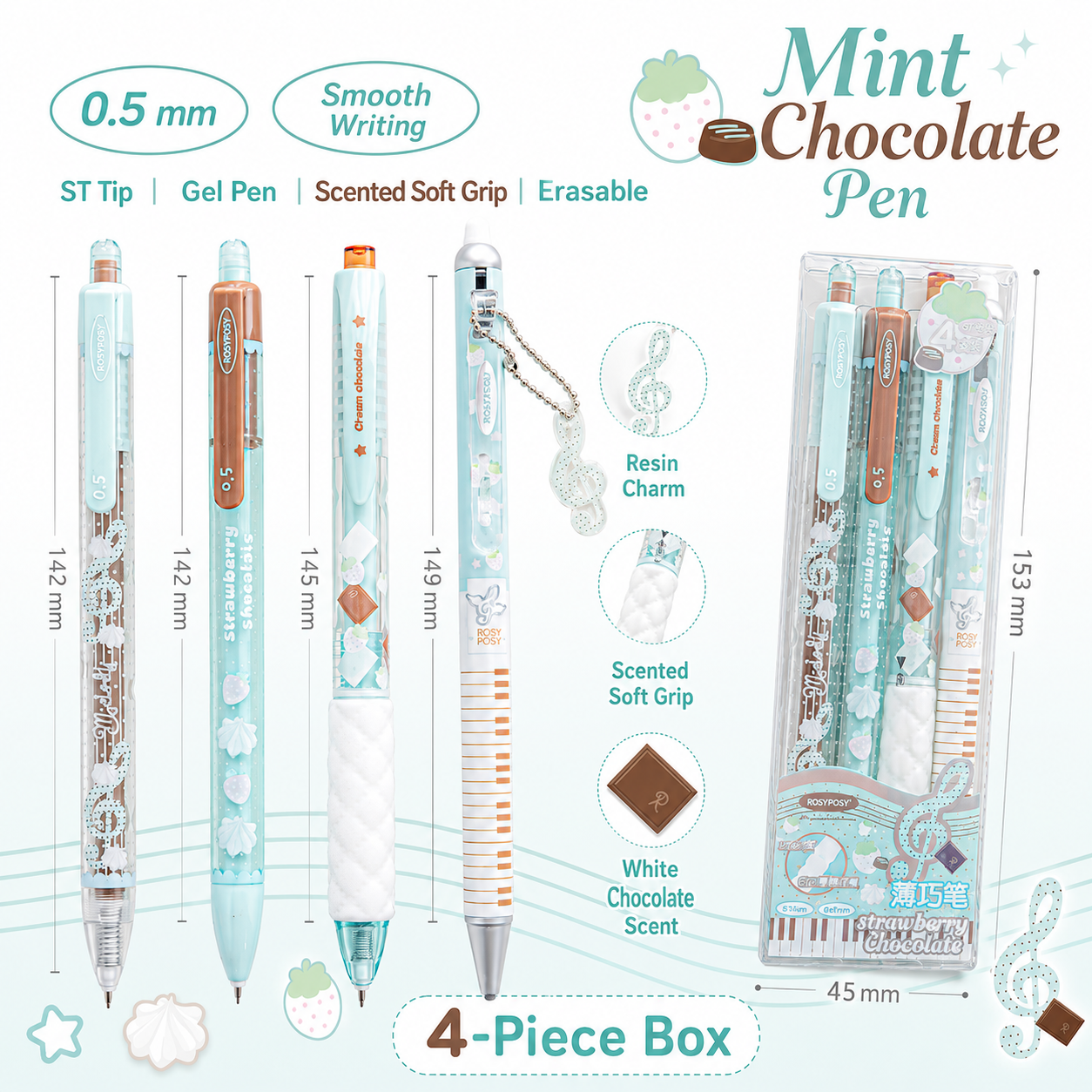 ROSYPOSY Strawberry Chocolate Melody Gel Pen Set | Scented Erasable Creative Writing Kit