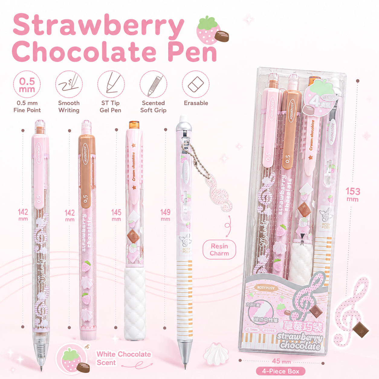 ROSYPOSY Strawberry Chocolate Melody Gel Pen Set by ROSYPOSY - inside detail for journaling writing tool | Lumiyear