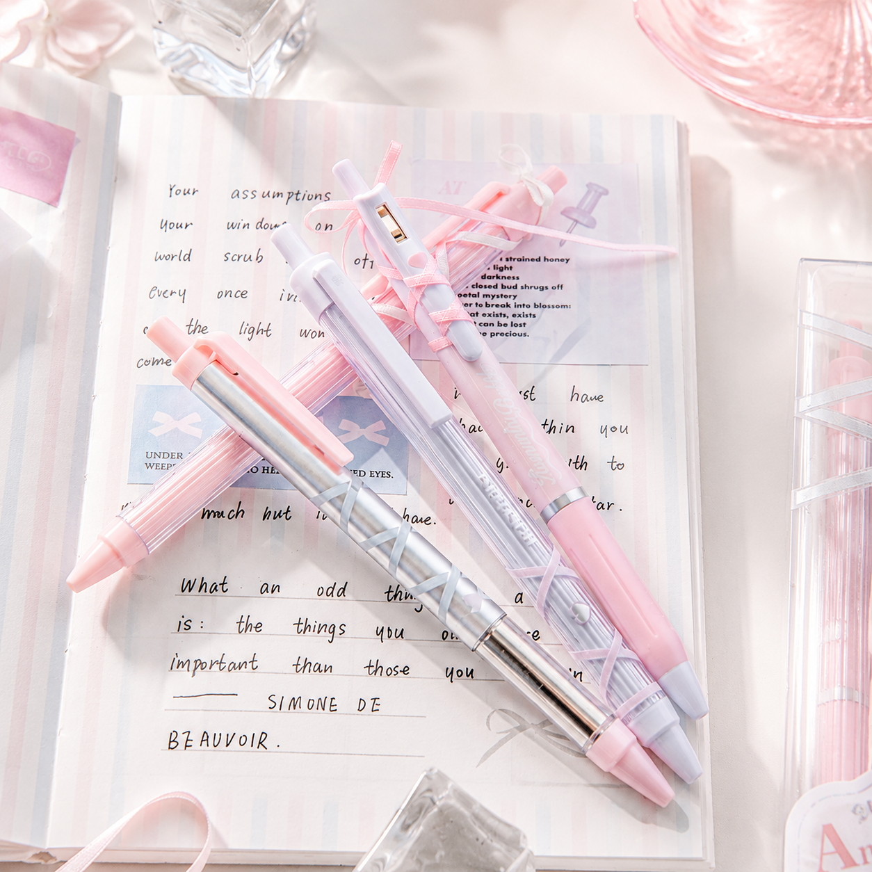 ROSYPOSY DIY Bow Ribbon Gel Pen Set | Aesthetic Pearlescent 4-Piece Writing Kit