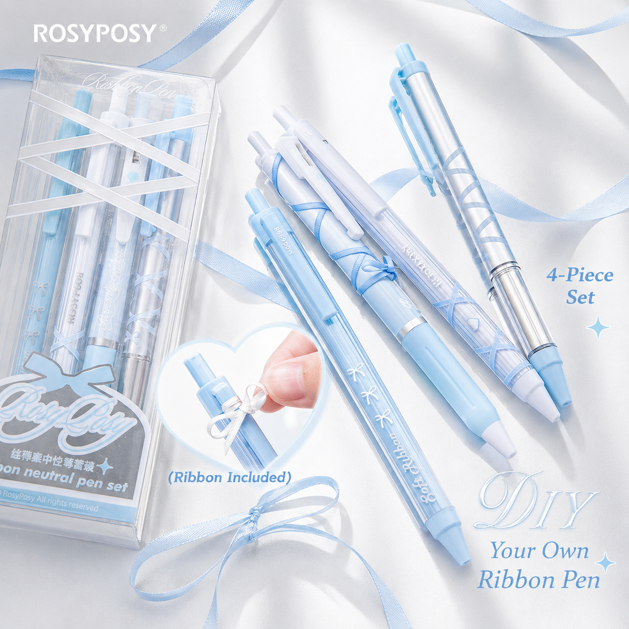 ROSYPOSY DIY Bow Ribbon Gel Pen Set | Aesthetic Pearlescent 4-Piece Writing Kit