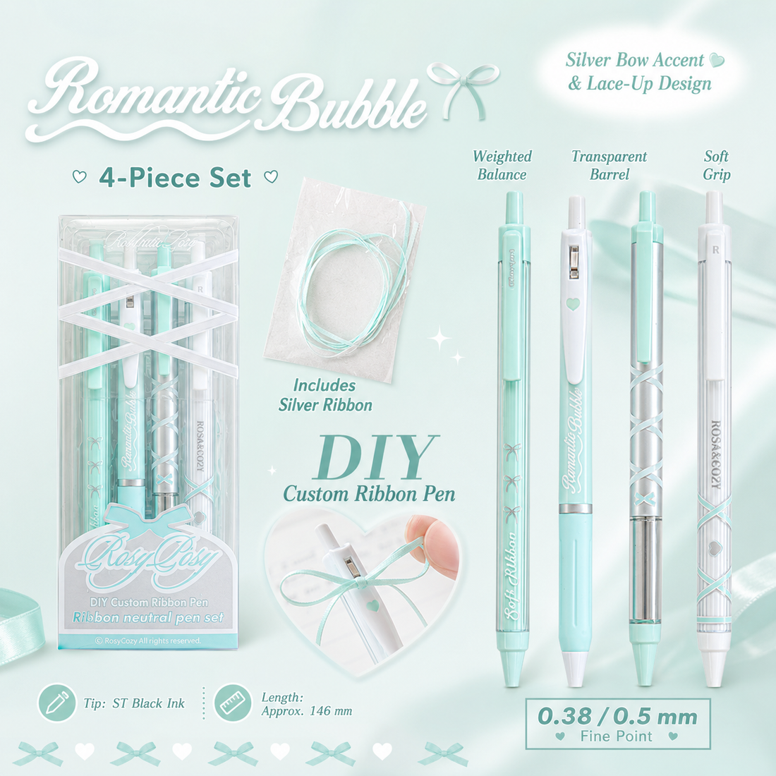 ROSYPOSY DIY Bow Ribbon Gel Pen Set by ROSYPOSY - packaging view for journaling writing tool | Lumiyear