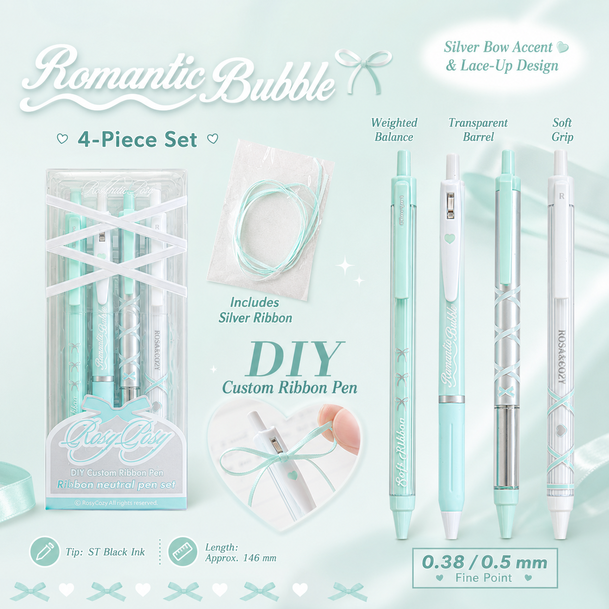 ROSYPOSY DIY Bow Ribbon Gel Pen Set | Aesthetic Pearlescent 4-Piece Writing Kit