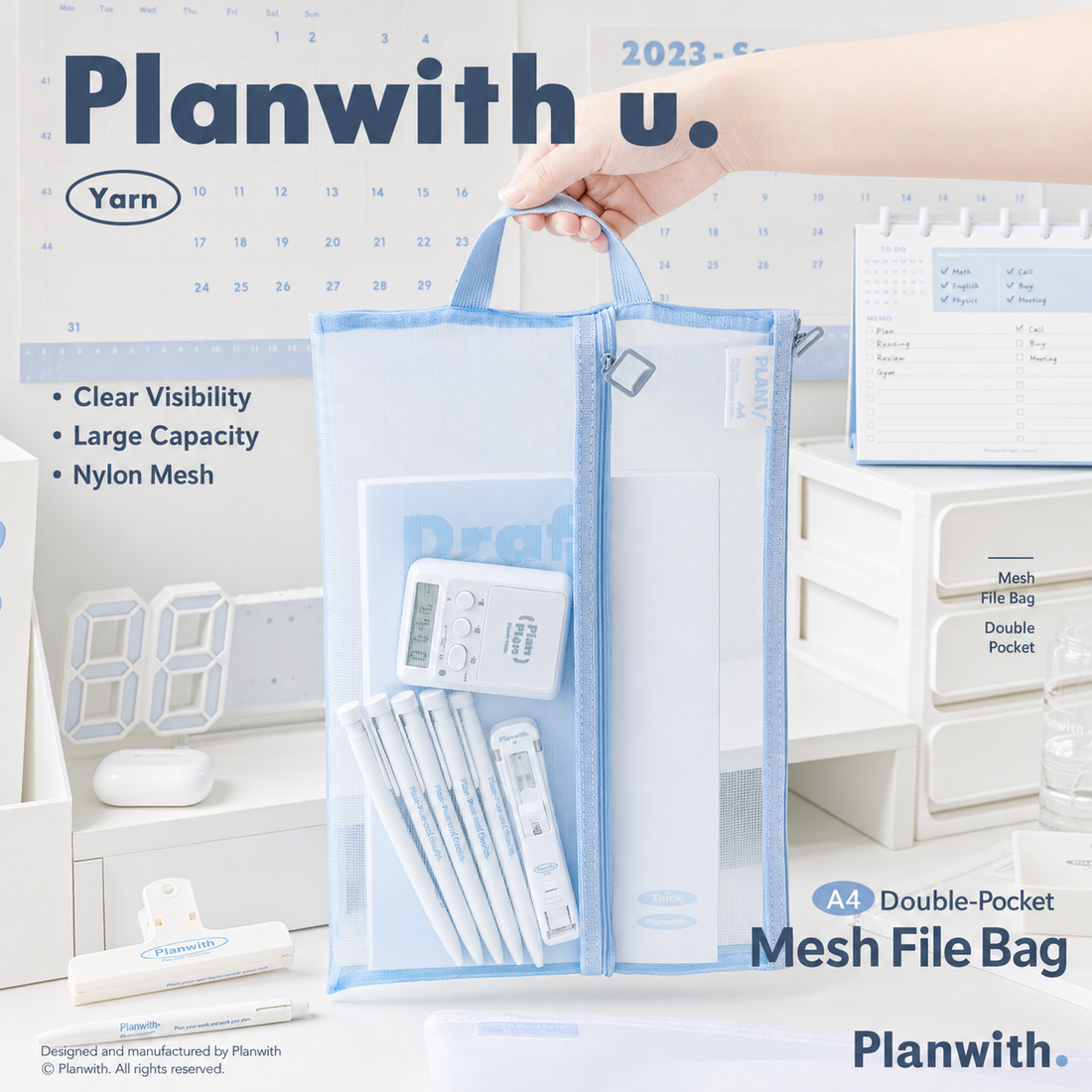 Planwith A4 Double Pocket Mesh File Bag by Planwith - lifestyle stationery view for stationery organizer | Lumiyear